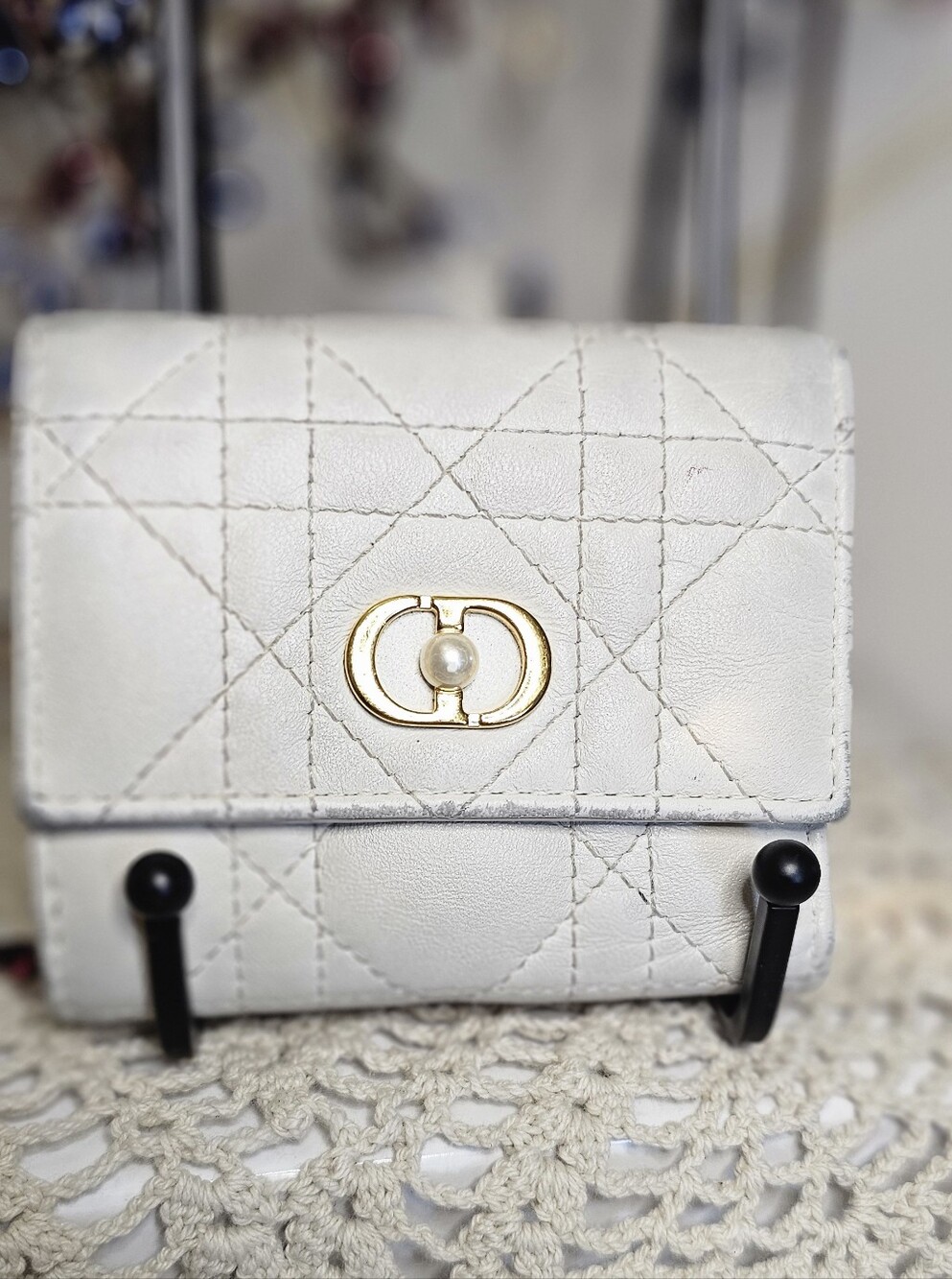 Dior White Quilted Leather Wallet with Gold Pearl Hardware With COA.